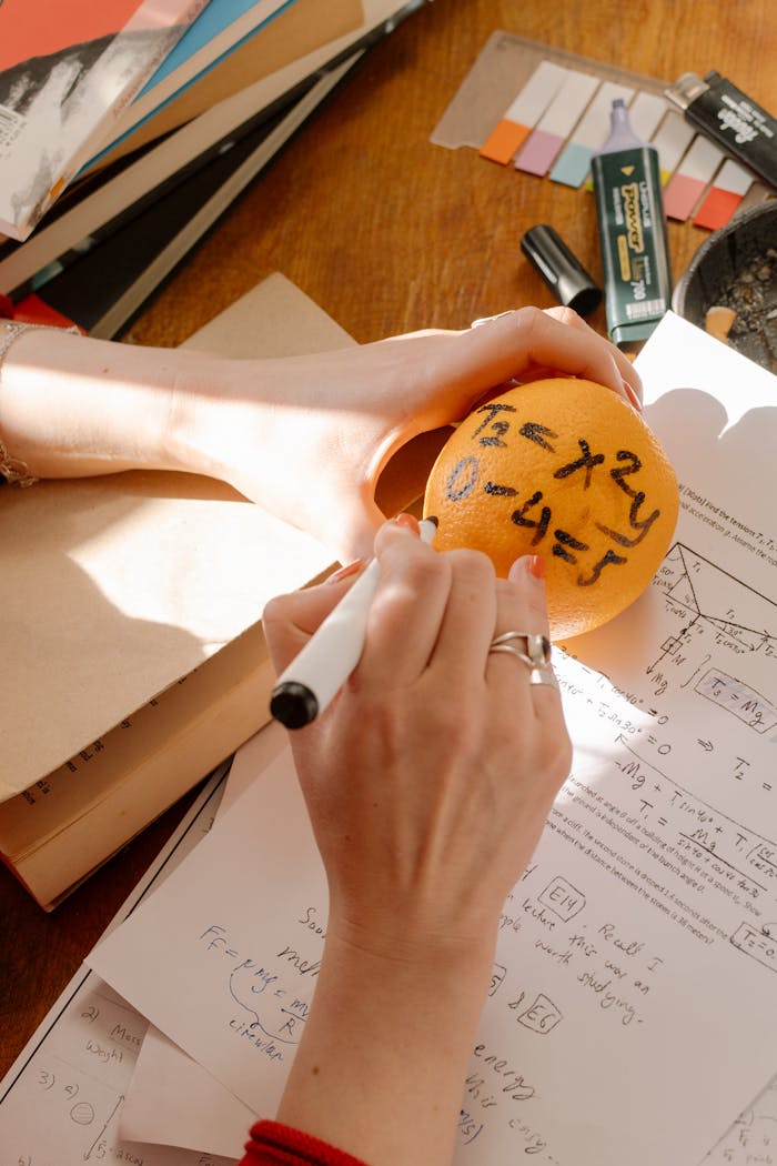 programs-02 Innovative study session featuring math formulas written on an orange to enhance learning.